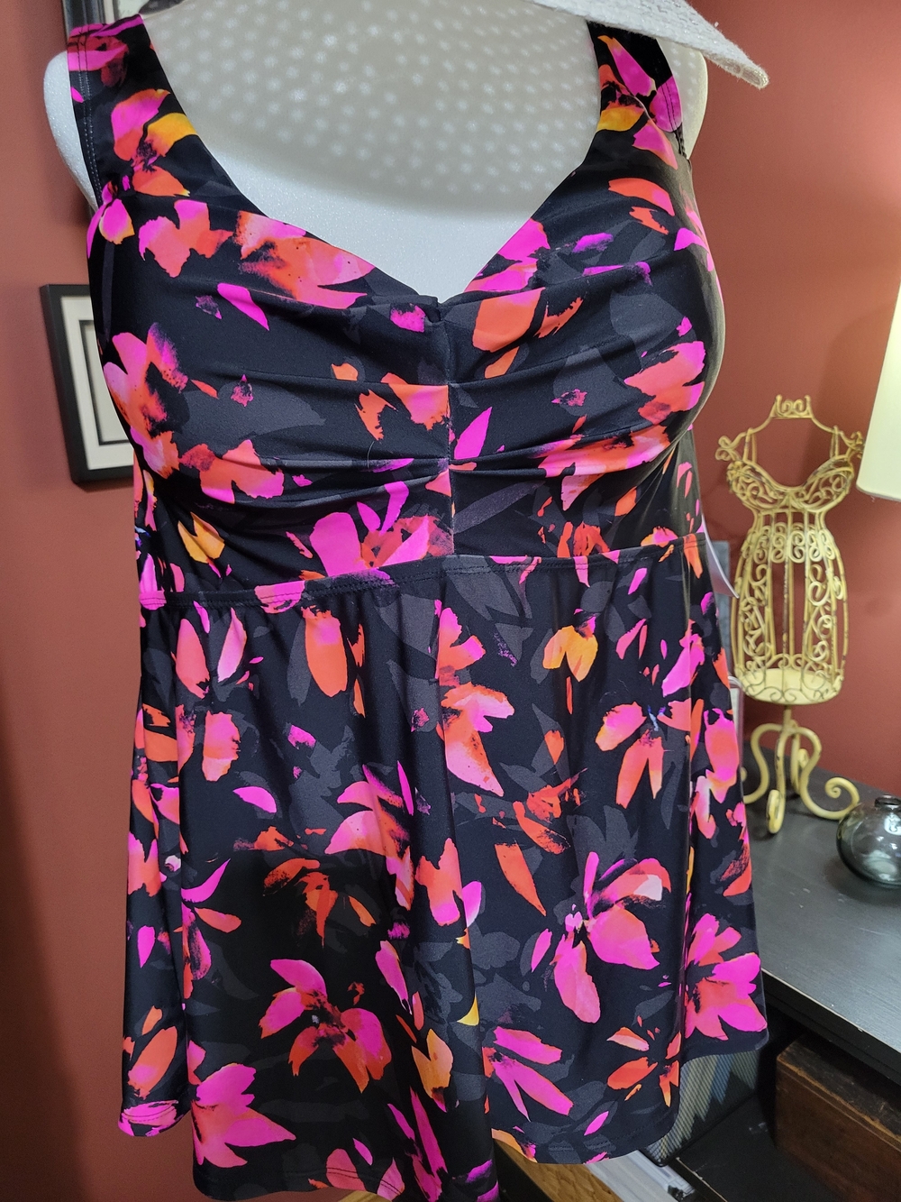Floral Black Swim Dress Bikini with Pink & Orange Accents